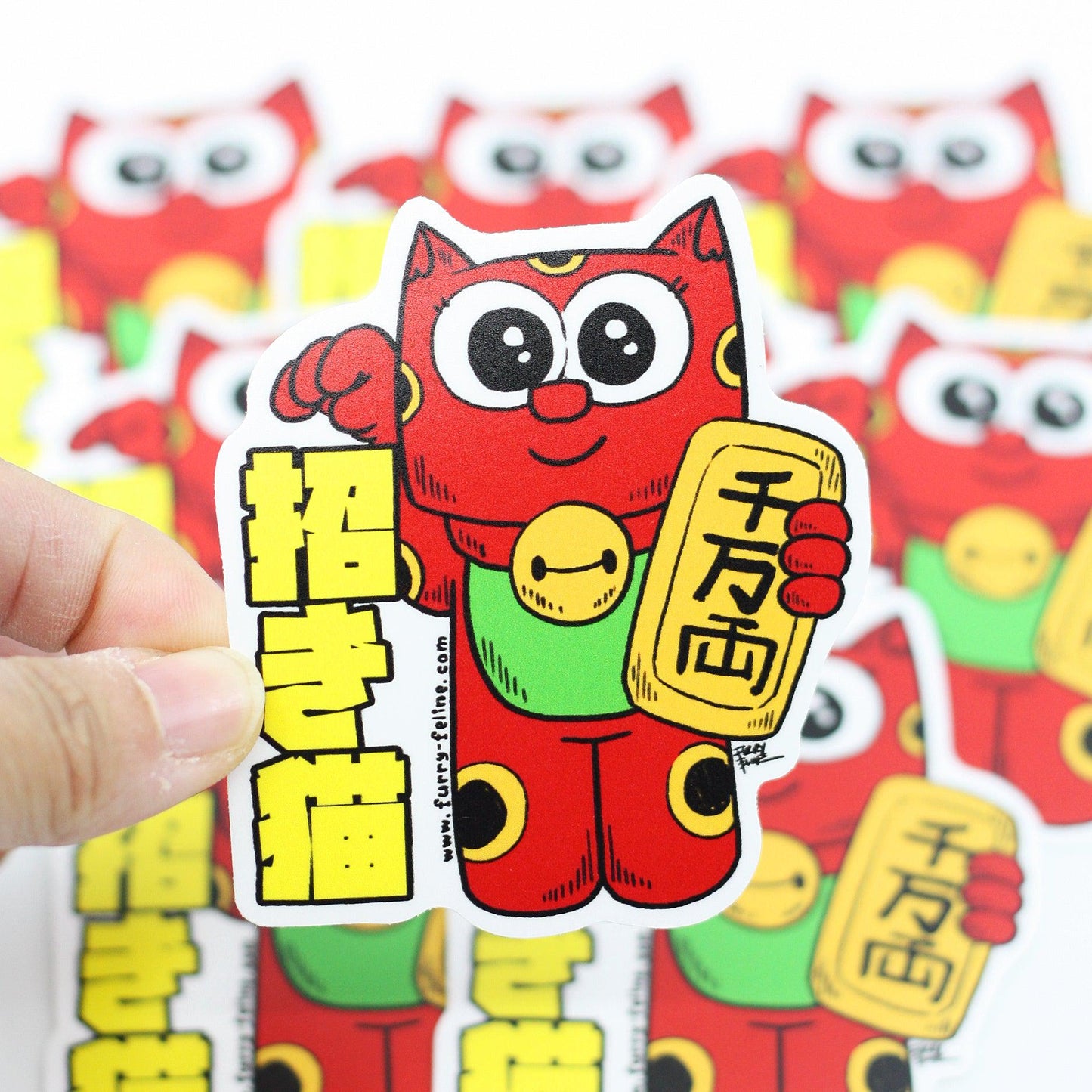 Maneki Neko Purridge Red Vinyl Sticker - Furry Feline Creatives