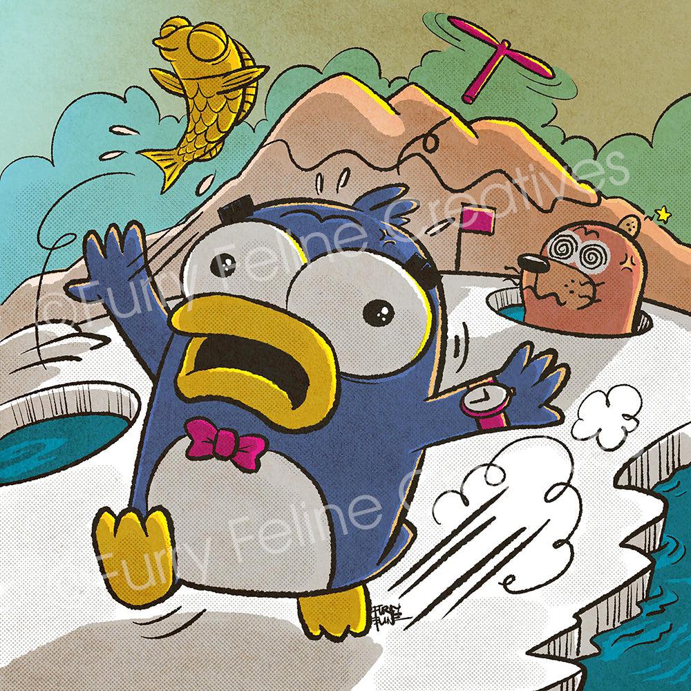 Classic Retro Arcade Penguin Adventure 8x8 Premium Art Print - Furry Feline Creatives