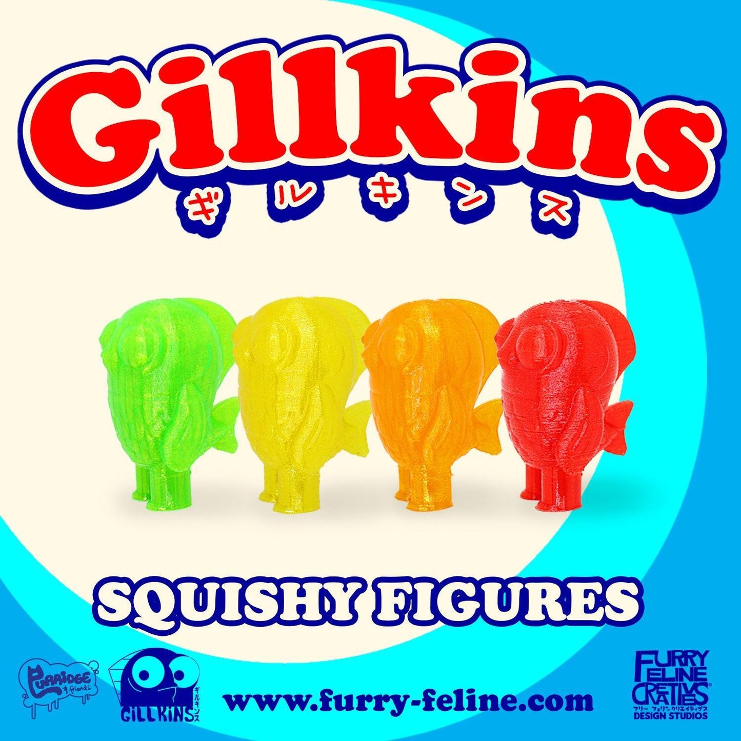 Gillkins squishy figures with colorful designs on a blue and white background