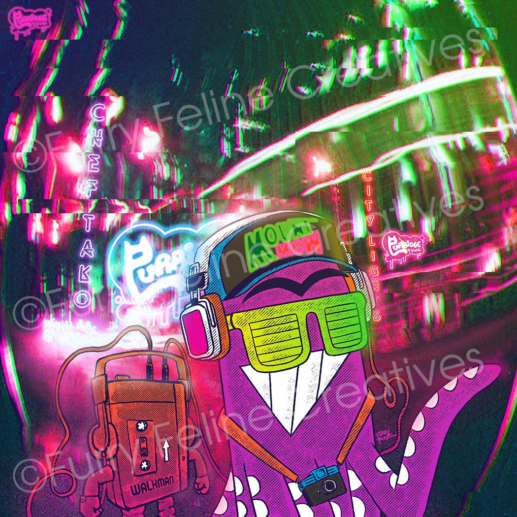 City Lights Tako Fish Eye 8x8 Premium Art Print - Furry Feline Creatives