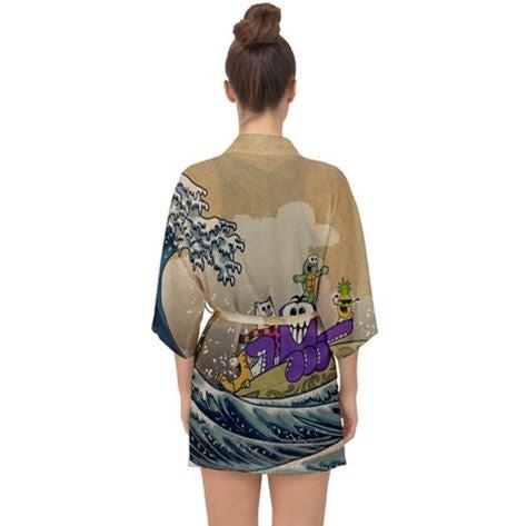 Hi Wave Women's Chiffon Yukata Kimono - Purridge & Friends - Furry Feline Creatives 