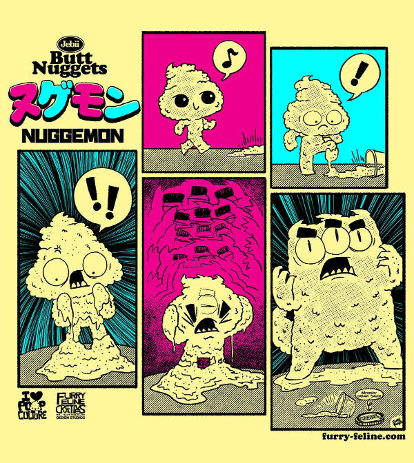 Comic-style illustration of a creature with expressive faces on a yellow background, featuring the text 'Butt Nuggets' and 'Nuggemon'.