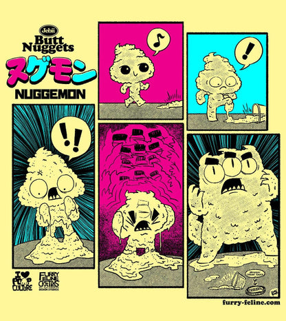 Comic-style illustration of a creature with expressive faces on a yellow background, featuring the text 'Butt Nuggets' and 'Nuggemon'.