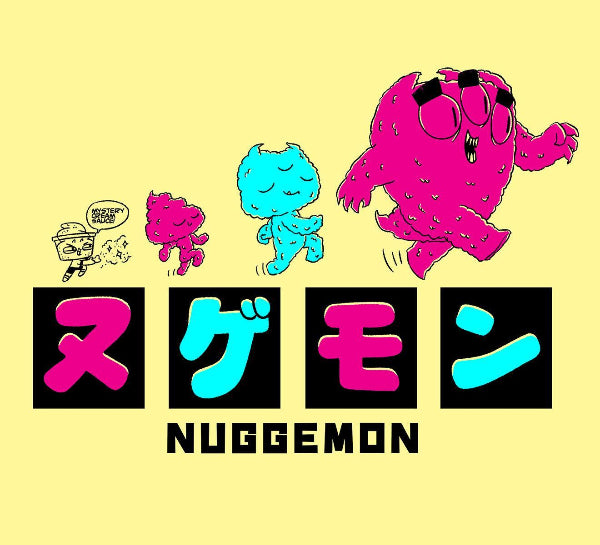 Cartoon characters with colorful designs on a yellow background, featuring the word 'Nuggemon'.